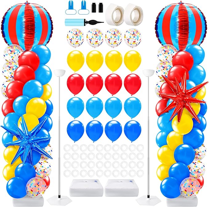 2 Sets Carnival Balloon Column Stand Kit Circus Theme Birthday Party Supplies Including Red Blue Yellow Balloon Garland Arch Kit for Birthday Carnival Theme Decorations