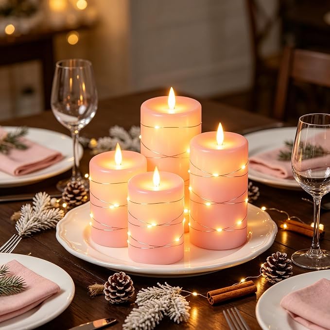 Da by 3 Pack Pink Real Wax Flameless Taper Candles, Lifelike Flickering LED Flame Candles with Surrounding Fairy String Lights, Soft Warm Battery Candles with Remote for Home Wedding Party Decor