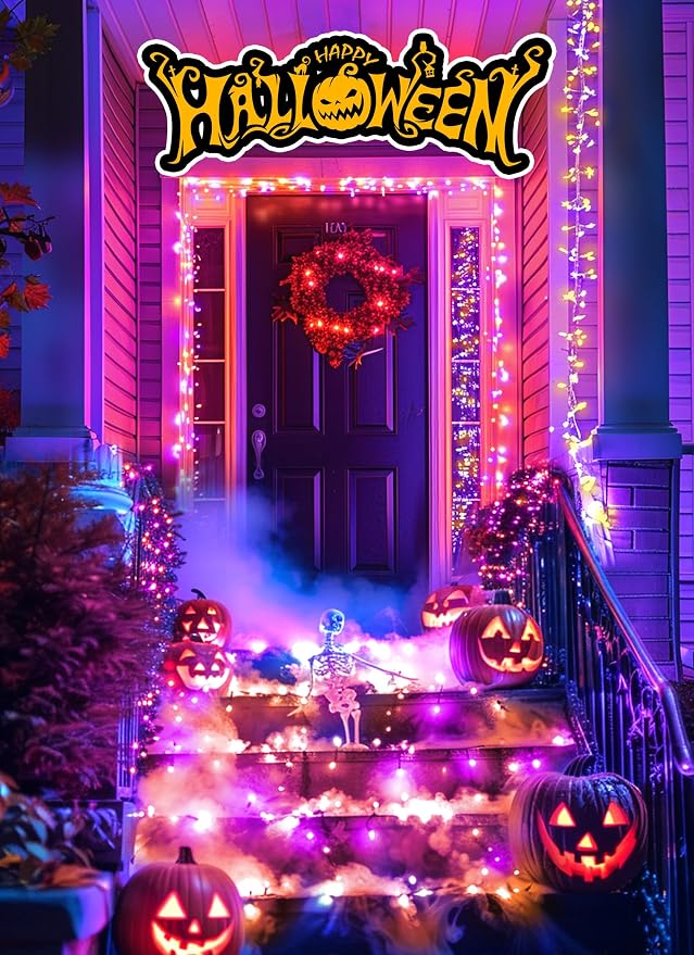 Halloween Solar String Lights Outdoor Waterproof, 19.6Ft 240 LED 8 Modes | Solar Fairy Lights Halloween Lights Outdoor, Waterproof Twinkle Firecracker Light for Patio Yard Trees, Orange Purple