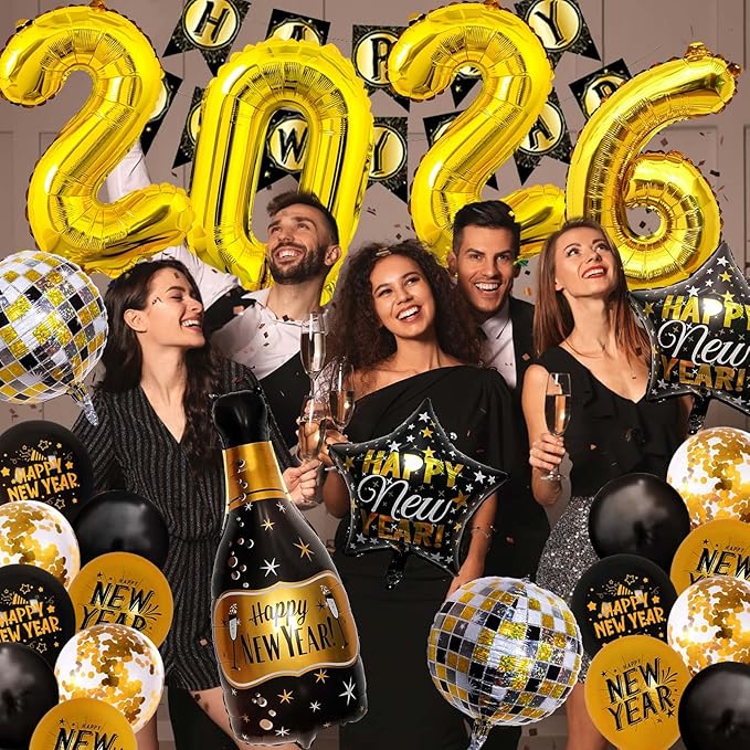 New Years Decorations Party Supplies 2026 40PCS Happy New Years Eve Balloons Decorations for 2026 Photo Props Party Background Black and Gold Balloons Banner Hats Glasses (Black)