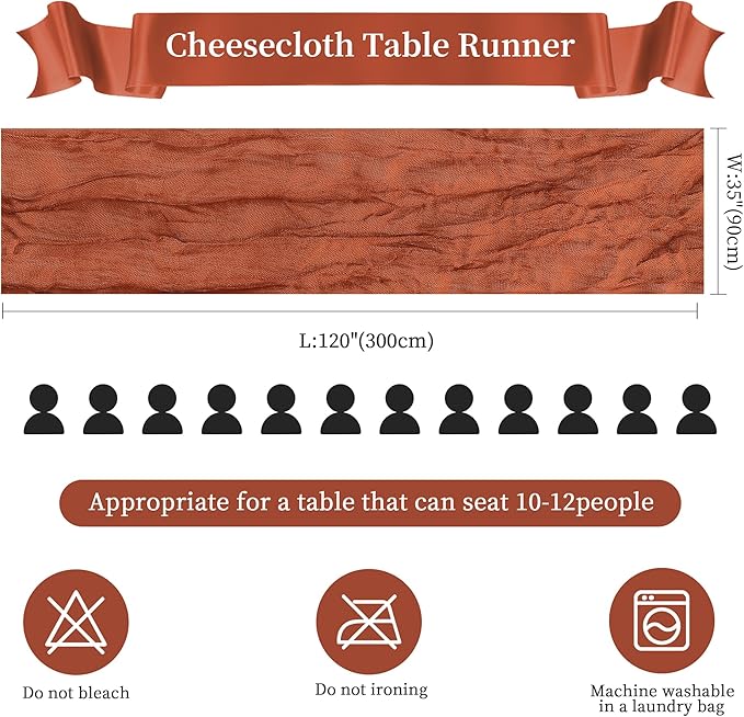 12 Pack Terracotta Cheesecloth Table Runner 10FT Long Boho Gauze Table Runner Rustic Sheer Runner for Wedding Bridal Baby Shower Birthday Party Table Decor Home Easter Thanksgiving Decor
