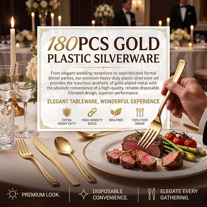 WDF 180 Count Gold Plastic Silverware Set - Heavy Duty Disposable Cutlery (60 Forks, 60 Knives, 60 Spoons) - BPA-Free Gold Flatware for Wedding, Party, Baby Shower, Thanksgiving