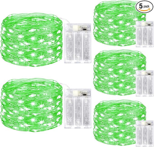 kolpop 5 Pack Fairy Lights Battery Operated with Timer, 50 LED Mini String Light Battery Powered, Green Tiny Lights for Indoor Wedding Decorations