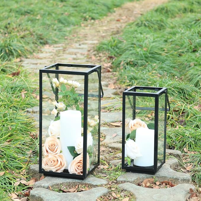 Lantern Decorative Outdoor & Indoor, 14.3'' & 11''H Metal Candle Lanterns Decor, Vintage Hanging Candle Holder for Front Porch Patio Wedding Farmhouse Home, Spring Decoration