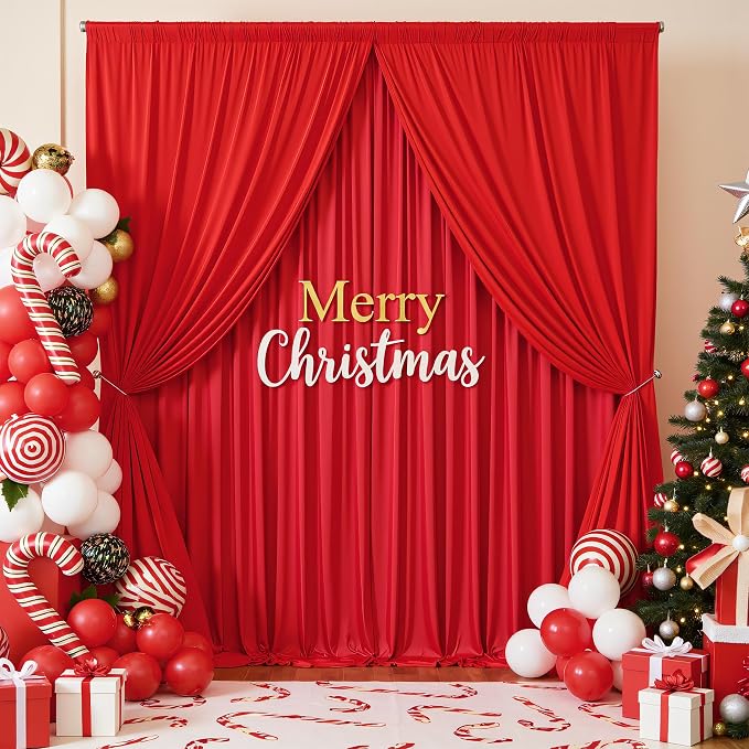 50ft×12ft Red Backdrop Curtain for Wedding Parties, 10 Panels Wrinkle Free Polyester Photo Backdrop Drapes Back Drop Cloth for Memorial Day Birthday Photography Background