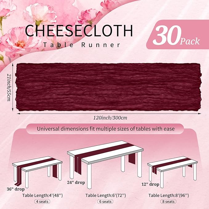 30 Pack Cheesecloth Table Runner 10FT Burgundy Red Table Runner Boho Gauze Cheese Cloth Table Runners Long Rustic Sheer Table Decorations for Wedding Party Baby Bridal Shower Birthday Holiday Home