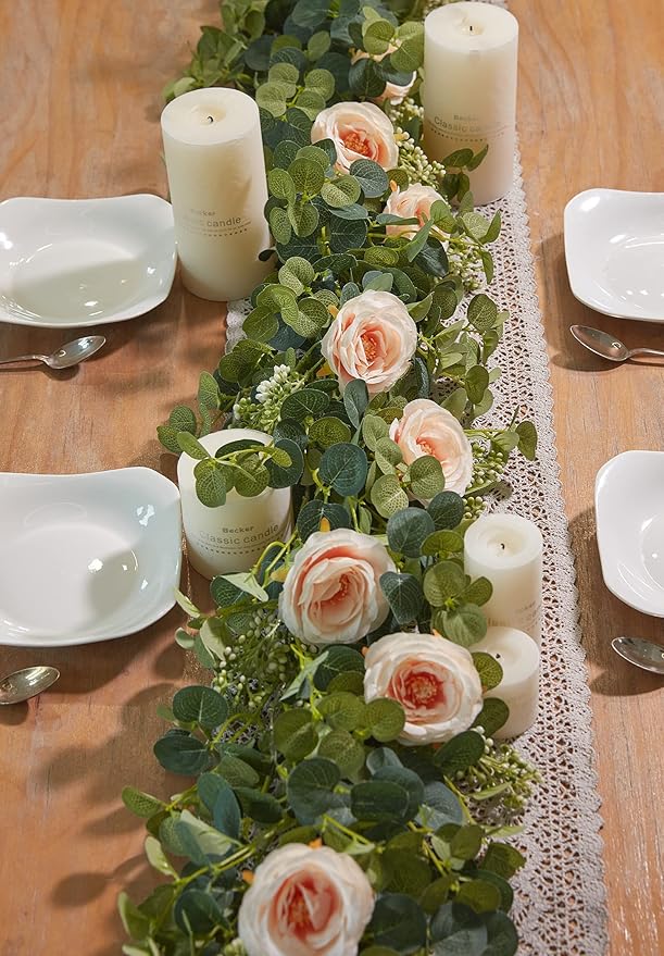 PARTY JOY 6.56ft Eucalyptus Garland with Flowers-8 Pink Roses-Lush,Natural Looking, Floral Garland Greenery for Party Wedding Table Indoor Outdoor Backdrop Wall Decor（Pink,1）