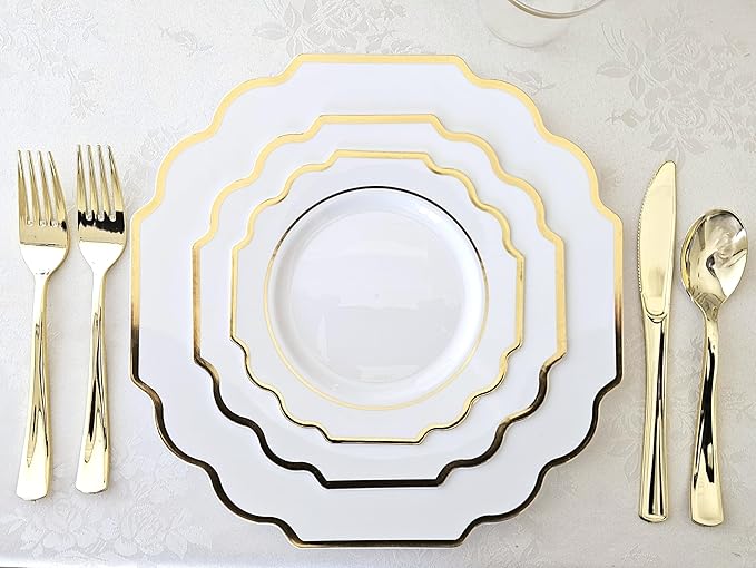 OCCASIONS 80 Gold Plastic Plates for 40 Guests, Heavyweight Disposable Dinnerware Set, 10.5" Dinner + 8" Dessert, Elegant Party Tableware for Wedding Baby Shower (Imperial White & Gold)