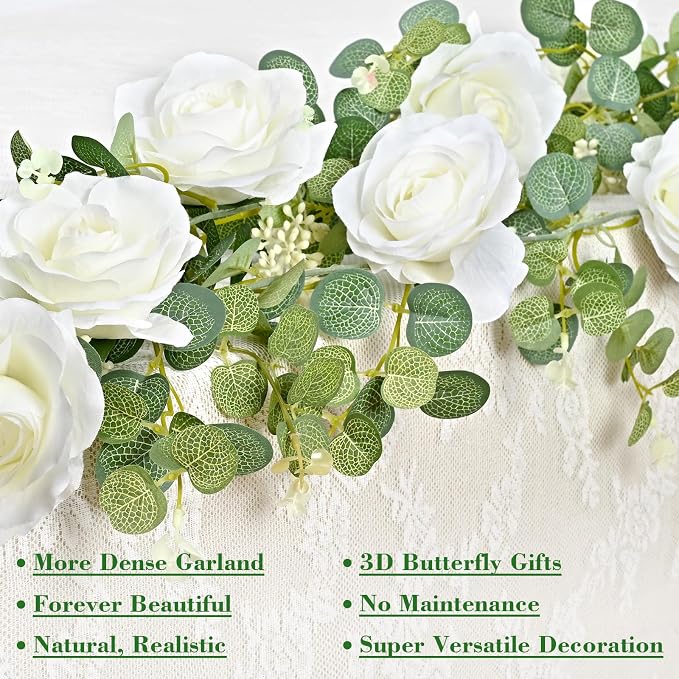Yastouay 2 Pcs 13.1 Ft White Flower Garland With Butterfly, Artificial Eucalyptus With Flowers, Fake Rose Vine for Table Centerpiece, Wedding Arch, Baby Shower Party, Room Backdrop Decor
