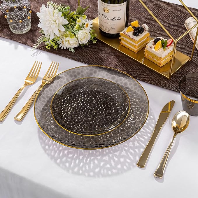Rubtlamp 60Pcs Black Plastic Plates, Black Disposable Plates With Gold Rim, Clear Heavy-duty Party Plates, Hammered Plastic plates Include 30 Dessert Platos, 30 Dinner Platos for Party