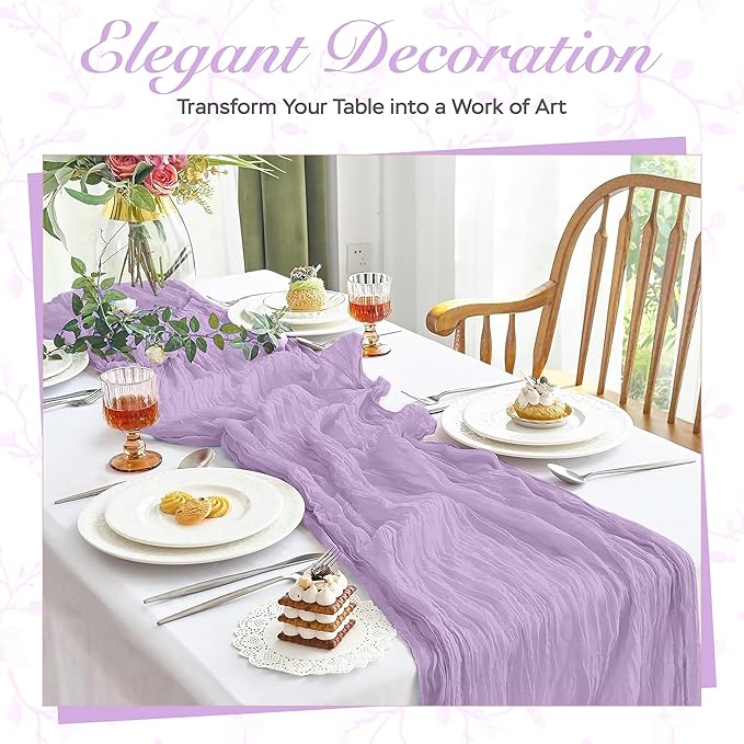 Cheesecloth Table Runner 8 Pack – 35x120 Inch (10ft) Boho Rustic Gauze Cloth Runners – Crinkle Polyester Table Decor for Wedding, Baby Shower, Bridal Shower, Birthday Party and More (Lilac Purple)