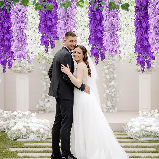 LELEE 25 Pcs Artificial Wisteria Hanging Flowers 3.6ft Purple&Lavender&White Fake Hanging Flowers Garland Silk Flowers Rattan String Faux Wisteria Vine for Wall Wedding Party Arch Greenery Backdrop
