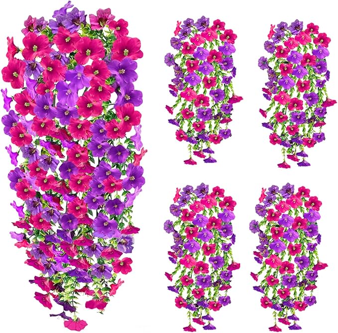 4PCS Artificial Hanging Flowers for Outdoors Summer Decoration, Upgrade UV Resistant Faux Silk Hanging Plants for Outside Home Planter Porch Patio Decor (Purple&Pink Rose)