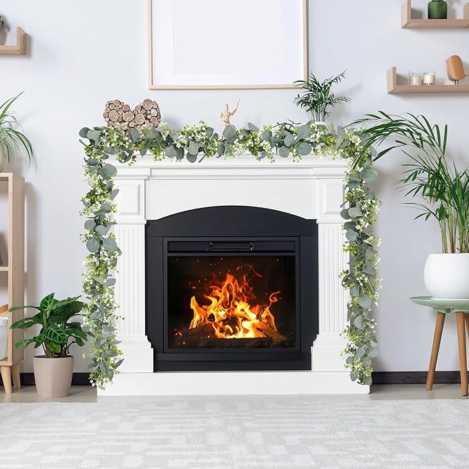 8 Pack Eucalyptus Garland, Faux Plant Artificial Greenery Garland with White Flowers 5.9Ft Eucalyptus Vine Table Centerpiece Decor Fake Vines for Home Mantle Party Wedding Decor Indoor/Outdoor