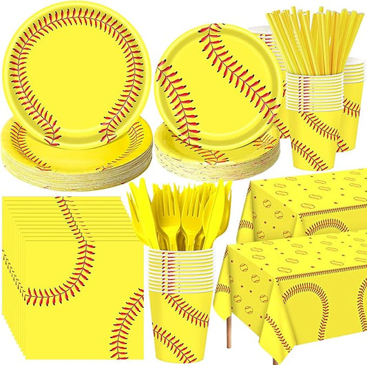 Potchen 452 Pcs Party Supplies Serve 50 Guests, Paper Plates Napkins Cups Cutlery Plastic Tablecloth Dinnerware for Birthday Wedding Party Decoration (Yellow, Softball)