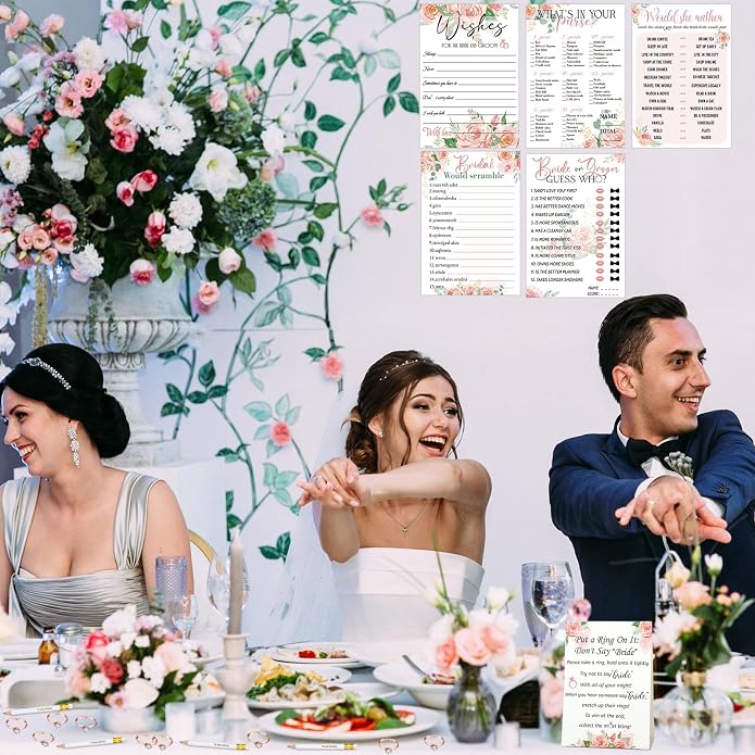 Sosation 331 Pcs Bridal Shower Games Supplies, 5 Sets (50 Cards Each) Wedding Games Cards, 1 Put a Ring on It Bridal Shower Game with 60 Rings and 20 Team Pencils for Wedding Engagement