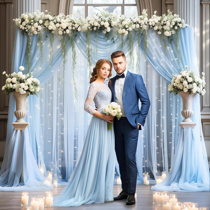20x10ft Baby Blue Tulle Backdrop Curtain with Lights String for Parites, Sheer Photo Backdrop Curtains with Lights for Wedding Backdrop Ceremony Reception Bridal Shower Baby Shower Birthday Party