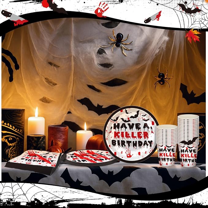 168 Pcs Have a Killer Birthday gathering Supplies Horror Birthday Tableware Set Bloody Handprint Disposable Paper Plates Cups Utensils Servers 24 for Halloween Spooky Horror Themed