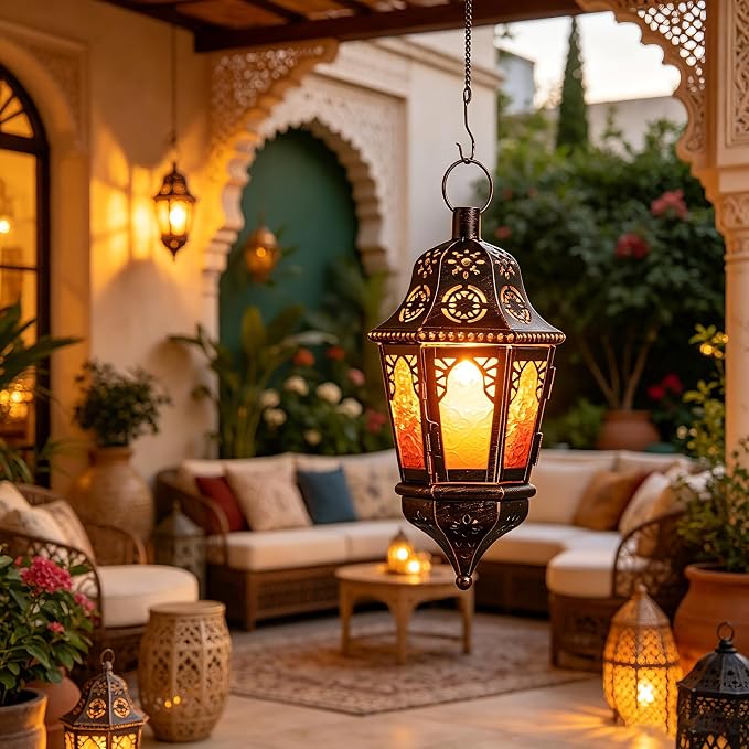 Moroccan Lantern Decorative Indoor & Outdoor, 13.6’’ Vintage Decorative Hanging Lanterns with Chain for Home Porch Patio Decor, Metal Christmas Ramadan Candle Holder Decorations (Amber)