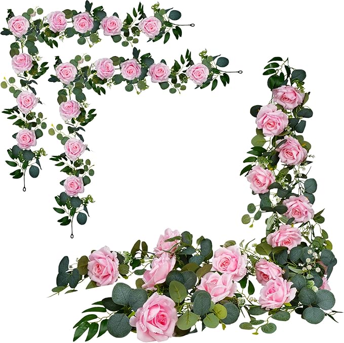 AuroraAria Pink Flower Garland, 2 Pack Total 11.6FT Artificial Eucalyptus Garland with Roses, Floral Greenery Garland for Wedding Arch, Spring Home Decor