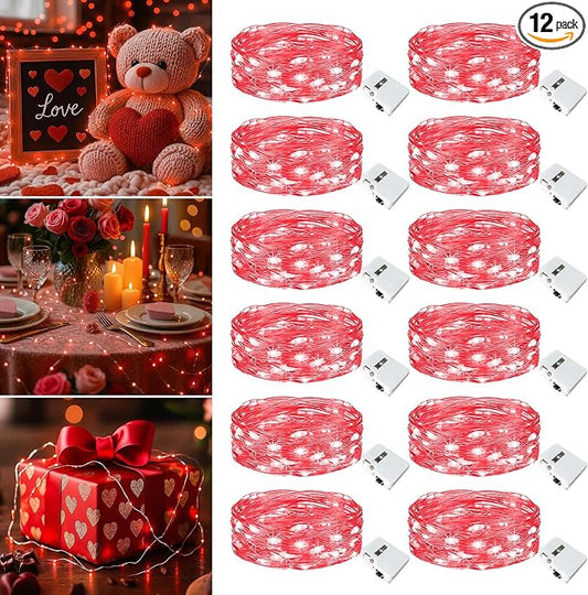 12 Pack Fairy Lights Battery Operated - 7ft 20 Led Twinkle Lights 3 Modes, Bulk Mini String Lights Waterproof for Mason Jars Vases DIY Party Wedding Decoration Christmas - Red