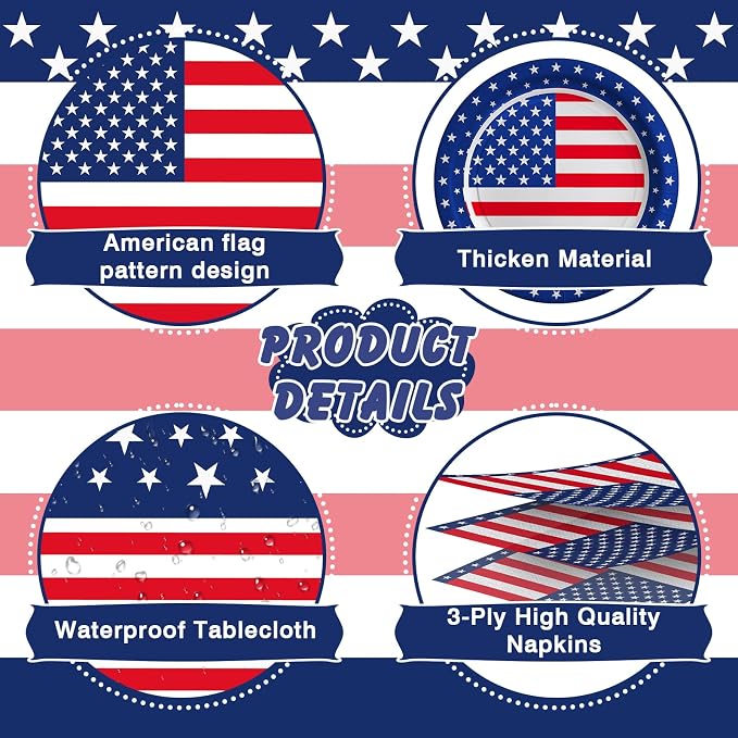 Cecnamt American Flag Themed Party Decorations, 170 Pcs Patriotic Party Decorations Including Banner, Plates, Cups, Napkins, Cutlery, Straws and Tablecloths, Serves 24