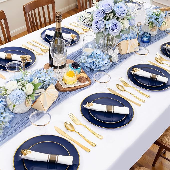 WDF 150pcs Blue plastic Plates - Navy Blue Plates Disposable 25guest Disposable Dinnerware Sets for Party/Wedding/Birthday