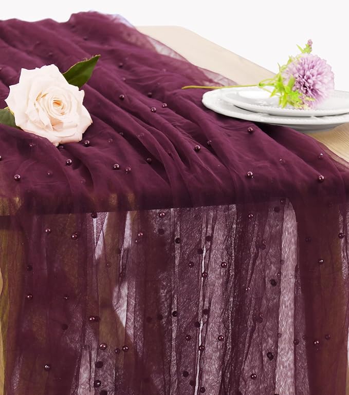 Set of 6 Pearl Table Runner 29 x 120 Inch Tulle Fabric Lace Table Runners for Bridal Shower Birthday Party Wedding Arch Dessert Table Decor(Burgundy)
