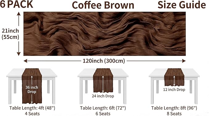 6 Pack Brown 10 Ft Cheesecloth Table Runner 20x120 Inch Boho Wrinkled Sheer Romantic Gauze Decor for Wedding, Bridal Shower, Birthday Party