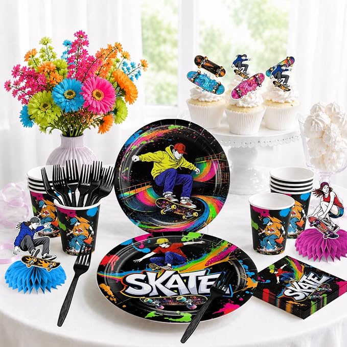 215Pcs Skateboard Birthday Party Decorations, All-in-One Party Supplies Includes Banner, Cake Cupcake Topper, Balloons, Plates and Napkins, Easy Setup Skate Party, Serves 25