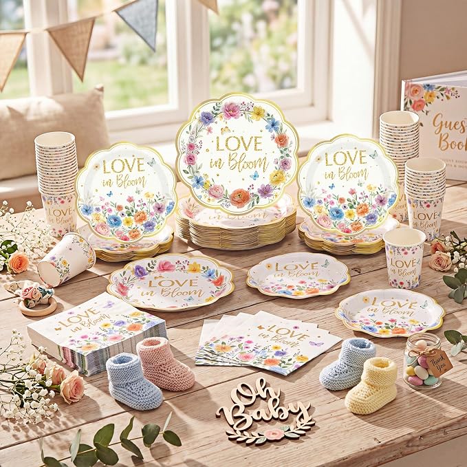 Pickmesh 250 Pcs Love in Bloom Bridal Shower Disposable Tableware Set Floral Love in Bloom Disposable Paper Plates Napkins and Cups for Wedding Party Supplies Bridal Shower Engagement, Serve 50 Guest