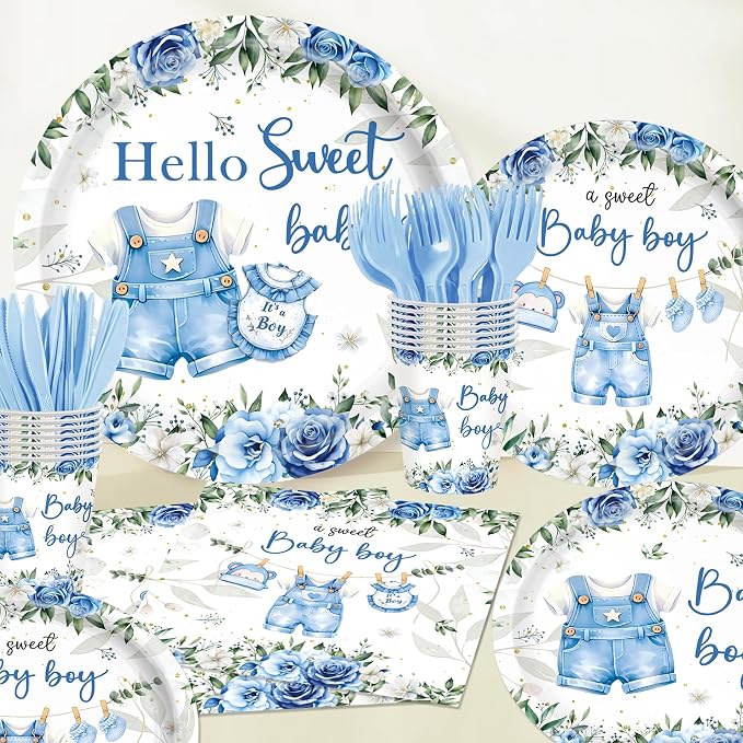 168PCS Blue Baby Boy Shower Decorations,Baby Shower Theme Party Tableware Set Plates Napkins Cups,for Boy Baby Shower Decorations Serves 24 Guests