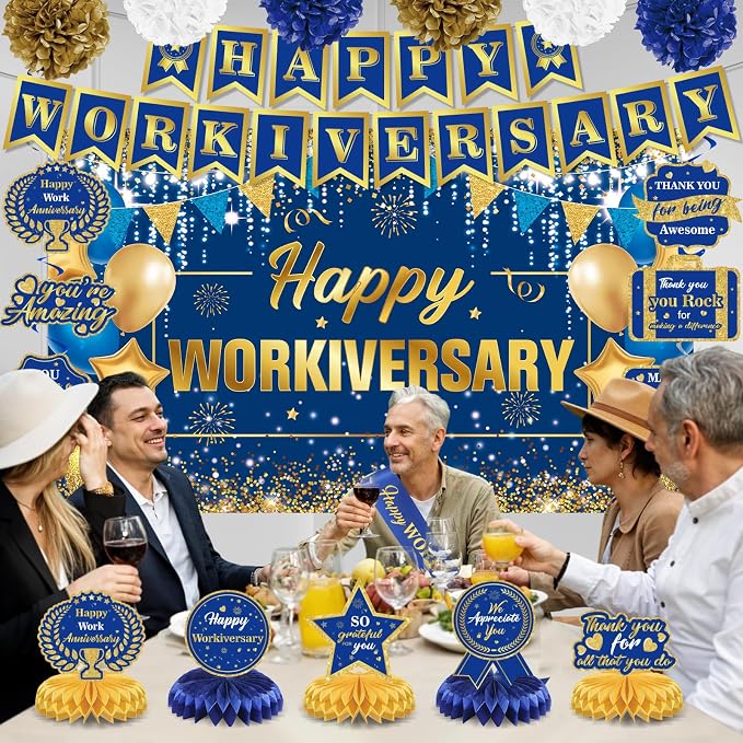 Happy Work Anniversary Decorations Blue Gold Happy Workiversary Banner Honeycomb Centerpieces Hanging Swirls Tissue Paper Pompoms Sash for Men Office Employee Worker Anniversary Appreciation Supplies