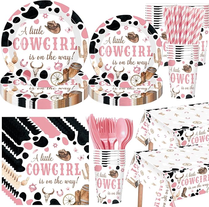 Funnymoom 452 Pcs Cowgirl Baby Shower Party Decorations Include a Little Cowgirl Is on the Way Paper Plates Napkins Cups Tablecloth Cutlery Straws for Baby Shower Party Supplies