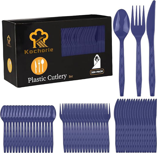 Kochorie 360 Pieces Graduation Navy Blue Plastic Cutlery Set Disposable Plastic Utensils Heavy Duty Flatware Set Include 120 Knives 120 Forks 120 Spoons for Graduation Party Wedding Birthday
