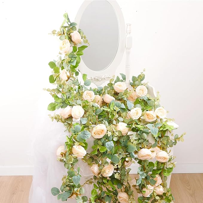 PONKING Flower Garland Artificial Rose Vine Flowers Hanging Fake Roses Vines for Wedding Birthday Party Valentines Christmas Room Wall Arch Decor, 2 Champagne Floral Garland, High Realistic