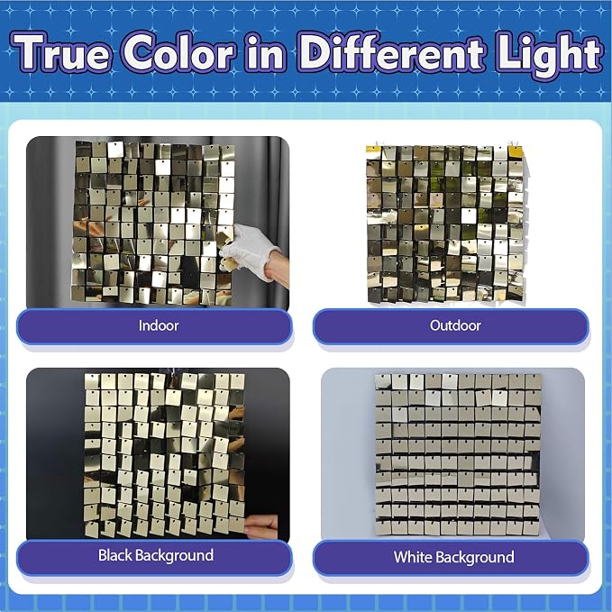 Qcity Light Gold Shimmer Wall Backdrop 36PCS, Black Back Not See-Through Design, Square Sequin Glitter Backdrop Panel, Perfect for Outdoor Events, Birthdays, Wedding and Party Decoration