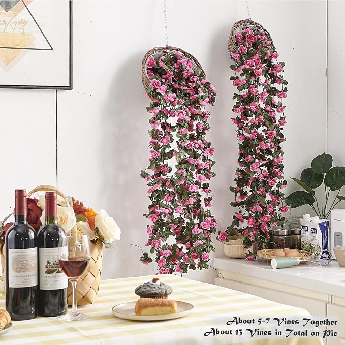 PONKING 6 Pcs x 8.2 ft Flower Garland Artificial Rose Vine Flowers with Green Leaves Hanging Fake Roses Vine for Room Party Home Wedding Birthday Christmas Wall Arch Decor, Spring Magenta Flower