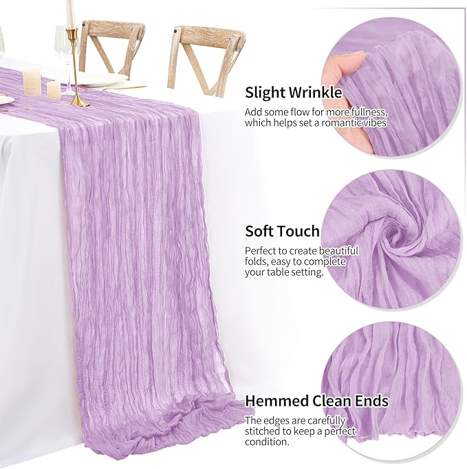 8 Pack 10Ft Cheesecloth Table Runner Lavender, 20 x 120 Inch Rustic Gauze Boho Cheese Cloth Table Runners Wedding Long Table Runner for Wedding Party Bridal Shower Table Decoration