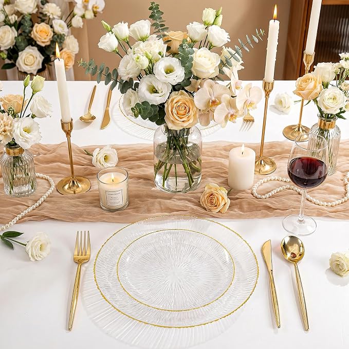 DaYammi 60Pcs Clear Plastic Plates with Gold Rimmed - Gold Disposable Plates Set Including 30pcs Dinner Plates,30pcs Dessert Plates with Radial Texture for Party & Wedding Dinner
