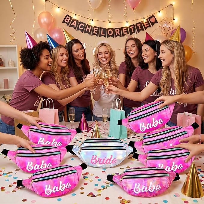 7 Pcs Bachelorette Party Fanny Pack Set Bride and Babe Pack Holographic Belt Laser Waist Bag with Adjustable Belt for Women Wedding Bridal Shower Party Favors