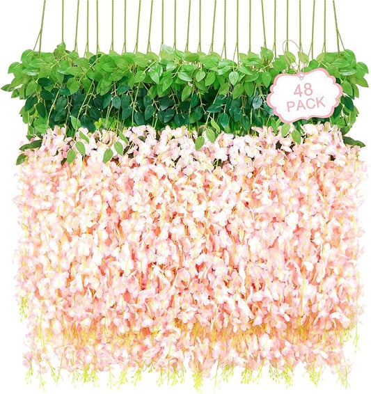 48Pcs Artificial Wisteria Hanging Flowers, 3.6Ft/Pcs Pink Fake Wisteria Garland for Wedding Party Home Garden Indoor Outdoor Decoration