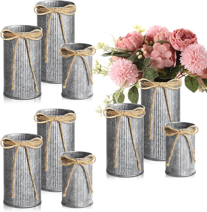 Zonon 9 Pcs Farmhouse Vase Decor with Twine Bow 4.33" Galvanized Flower Bucket 5.91" Metal Pots 7.09" Rustic Decorated Vases for Artificial Flowers Home Table Weddings Decor (Black)