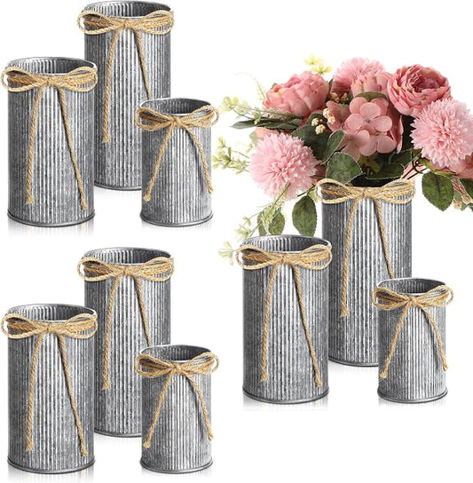 Zonon 9 Pcs Farmhouse Vase Decor with Twine Bow 4.33" Galvanized Flower Bucket 5.91" Metal Pots 7.09" Rustic Decorated Vases for Artificial Flowers Home Table Weddings Decor (Black)