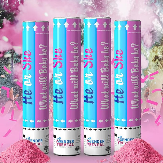 POPUPARTY 4Pack pink Gender Reveal Confetti smoke Powder Cannon, Confetti and Powder Poppers | Ideal for Baby girl Gender Reveal Decoration and party