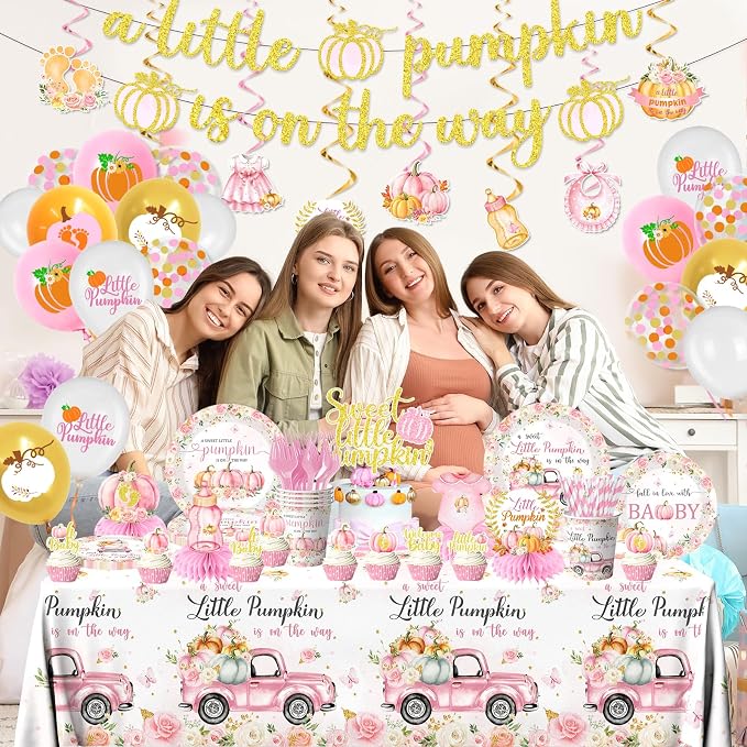 Little Pumpkin Baby Shower Decorations,198pcs A Little Pumpkin is On The Way Baby Shower Plate and Napkins Cups Tablecloth Cake Topper Honeycomb Balloon Fall baby shower Decorations for Girl ,Serve 24
