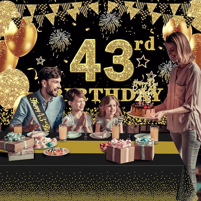 43rd Birthday Decorations Men Women with 43rd Birthday Banner, Black and Gold Table Cloth, Number Balloons, Large Sash, Cake Topper and Candles