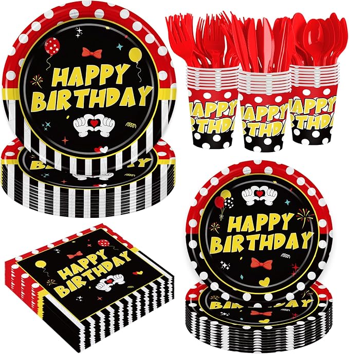 168Pcs Cartoon Mouse Birthday Decorations Red Cartoon Party Decorations Paper Plates and Napkins Tableware Kit for Boys Girls Red Mouse Theme Party Supplies