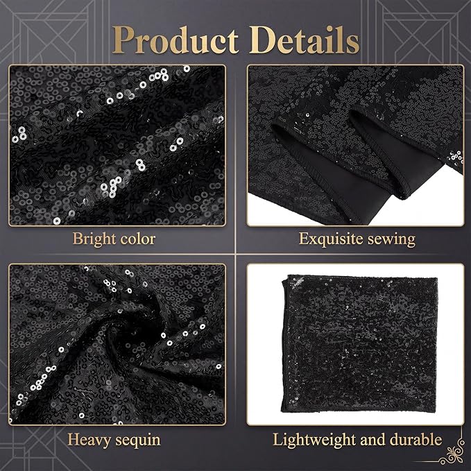 Newwiee 54 Pcs Black Sequin Chair Sashes and Table Runners, 48 Sequin Chair Bows, 6 Glitter Table Runners for Birthday Party Wedding Banquet Holiday Decorations