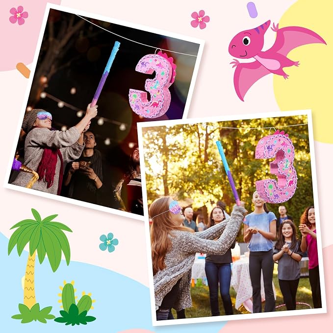 Dinosaur Pinata Set Dino Themed Pinata with Stick and Blindfold Girls Dinosaur Birthday Party for Animal Theme Party Decoration Baby Shower Game Supplies (Pink Dino)